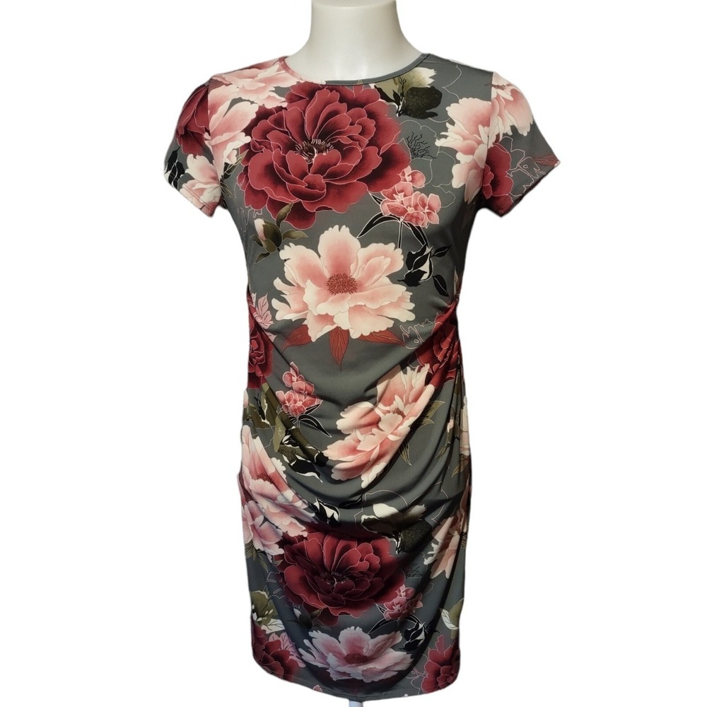 Maternity My Bump cap sleeve dress Medium Mom to be Baby bump Gray Rose Flowered